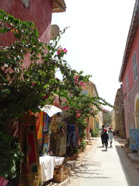 Rear view of people on street amidst buildings against sky