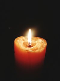 Close-up of illuminated candle against black background