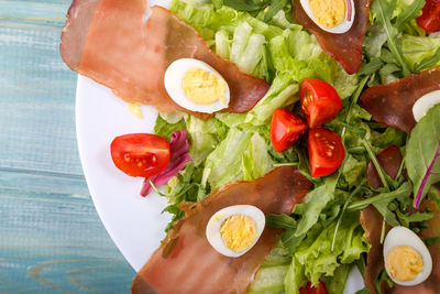 High angle view of breakfast served on table