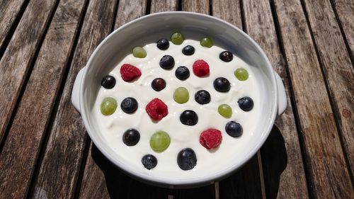 High angle view of fruits in bowl on table