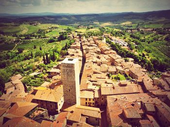 High angle view of houses in city