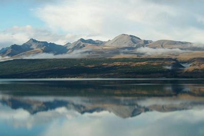 Scenic view of lake against cloudy sky