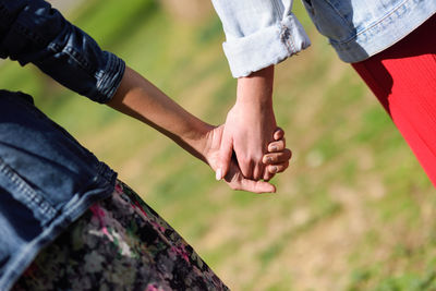 Midsection of homosexual couple holding hands while standing at park