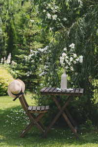 Empty chairs on field
