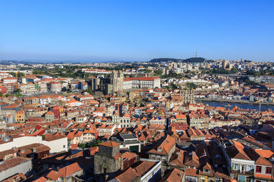 High angle shot of townscape against clear blue sky