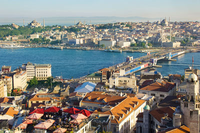 High angle view of buildings by sea against sky