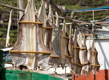 Clothes drying on wooden post