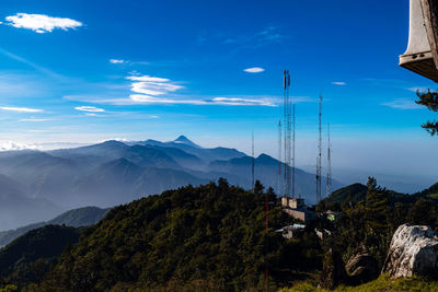 Scenic view of mountains against blue sky