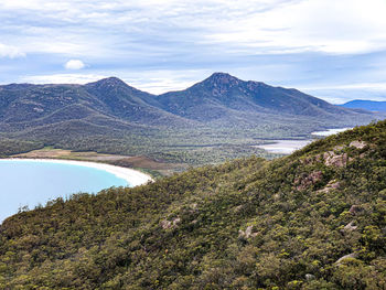 Scenic view of lake and mountains against sky