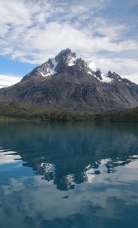 Scenic view of lake and snowcapped mountains against sky