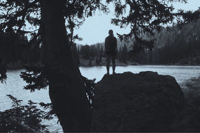 Rear view of silhouette man standing in forest during winter