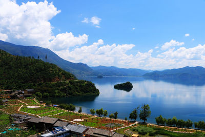 Scenic view of lake and mountains against sky