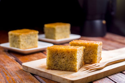 Close-up of dessert served on table