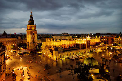 High angle view of illuminated buildings against sky