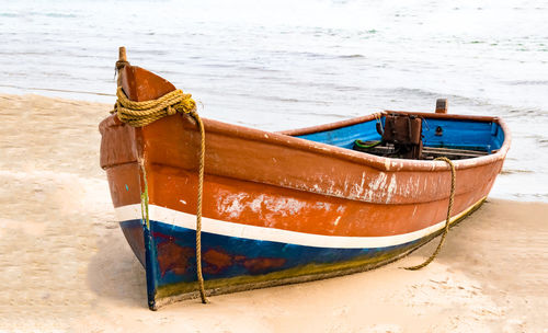 Boat moored on beach