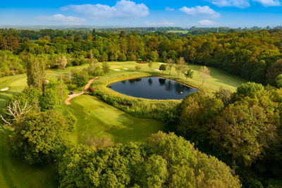 High angle view of lake against sky