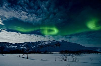 Scenic view of snowcapped mountains against dramatic sky