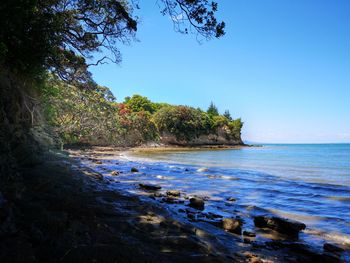 Scenic view of sea against clear blue sky