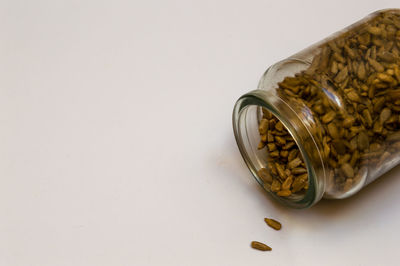 High angle view of glass jar on table