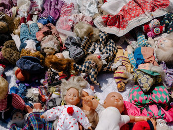 High angle view of stuffed toys for sale