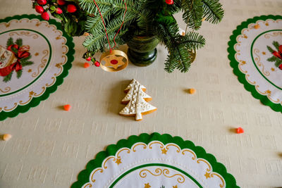 Directly above shot of christmas decorations on table