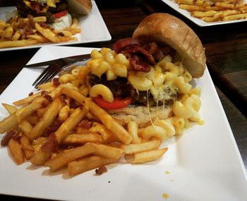 Close-up of food served on table