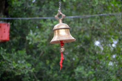 Close-up of red bell hanging on tree