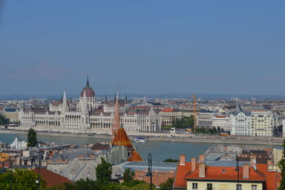 High angle view of buildings and river against sky