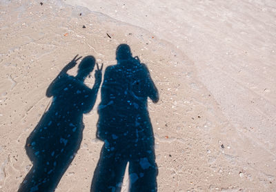 Shadow of couple on sand at beach