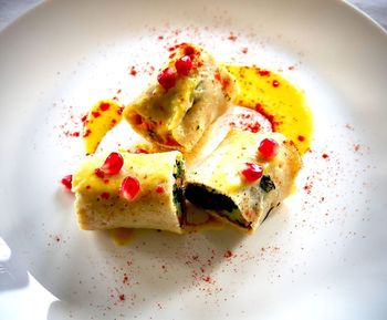 High angle view of breakfast served in plate