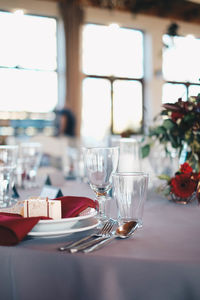 Glass of drink on table at restaurant