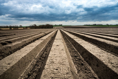 Plowed field against cloudy sky