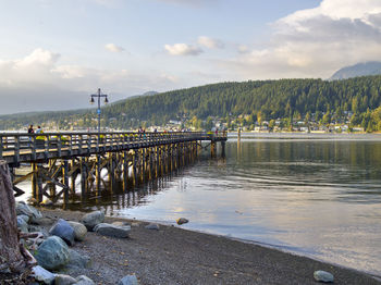 Bridge over lake against sky