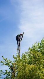 Low angle view of lumberjack on tree against sky