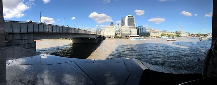 Panoramic view of cityscape by sea against sky