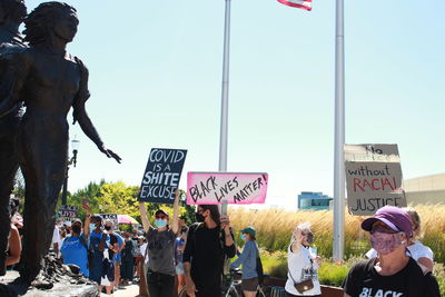 Group of people against clear sky