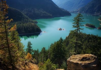 Scenic view of lake and mountains against sky