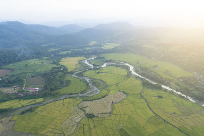 High angle view of farm against sky