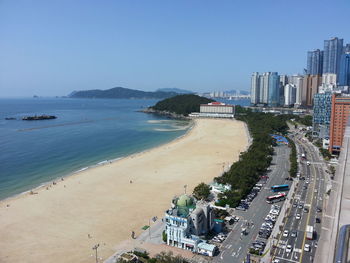 High angle view of beach against clear sky