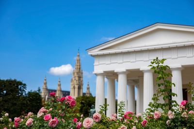 Low angle view of building against blue sky
