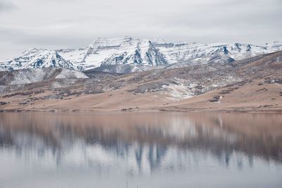 Scenic view of lake and snowcapped mountains against sky