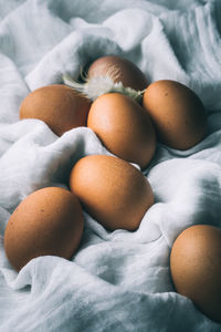 High angle view of eggs on textile