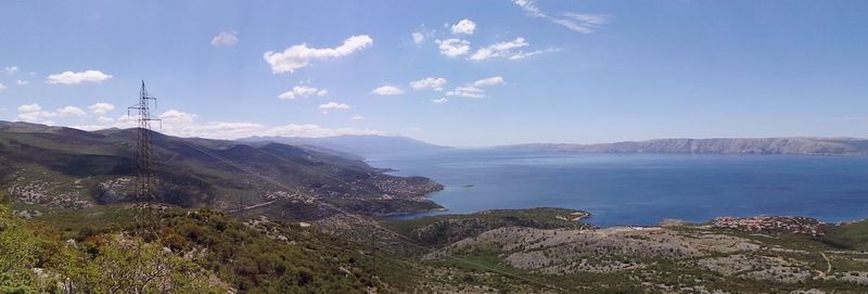 Scenic view of mountains and sea against sky