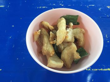High angle view of meal served on table