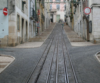 View of railroad tracks amidst buildings in old town