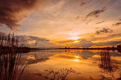 Scenic view of lake against sky during sunset