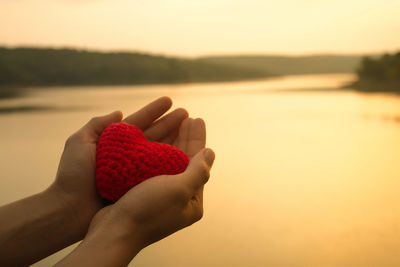 Close-up of hand holding red rose against sky during sunset