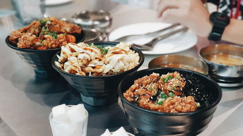 Close-up of food served on table