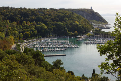 High angle view of sailboats by trees against sky