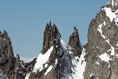 Panoramic view of snowcapped mountains against clear sky